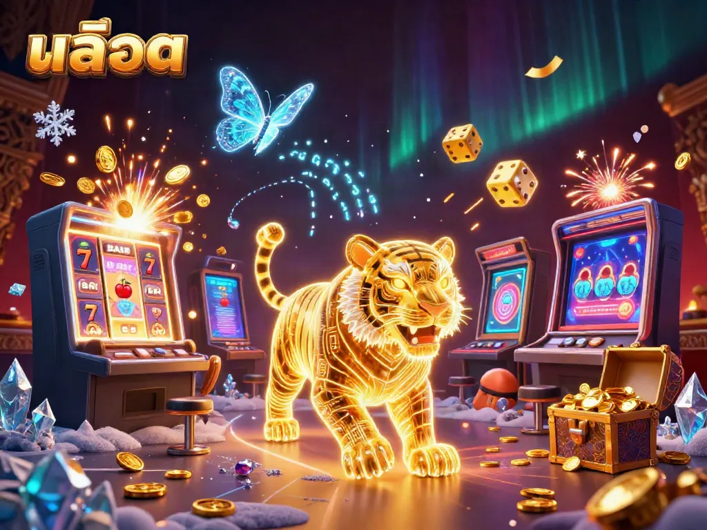 Experience the thrill of สล็อต with a vibrant 3D digital casino scene filled with exciting game elements.
