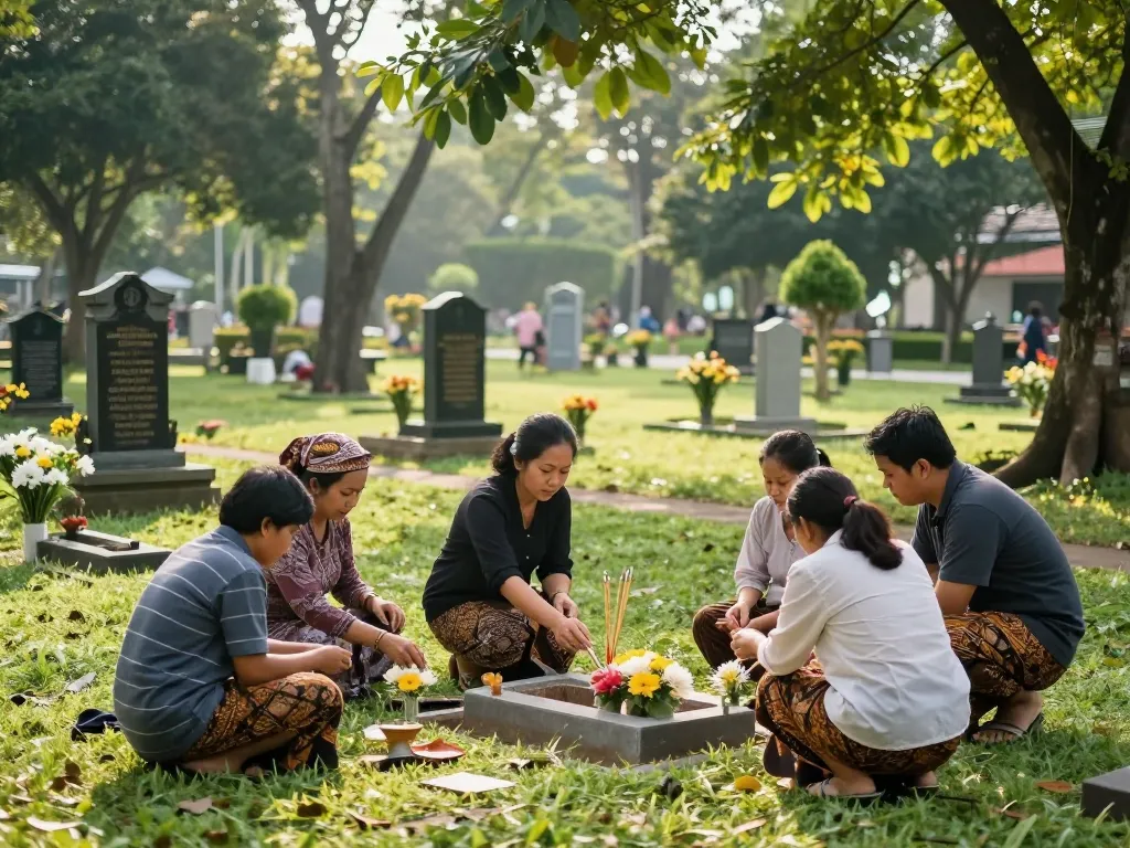 Jual lahan makam Jogja, family honoring loved ones in serene memorial park.