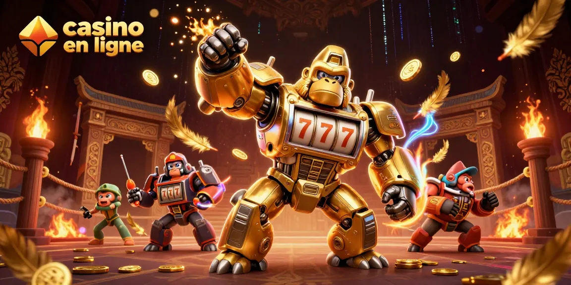 Pariez et gagnez avec des machines à sous éclatantes au casino en ligne avec un gorille mech puissant.