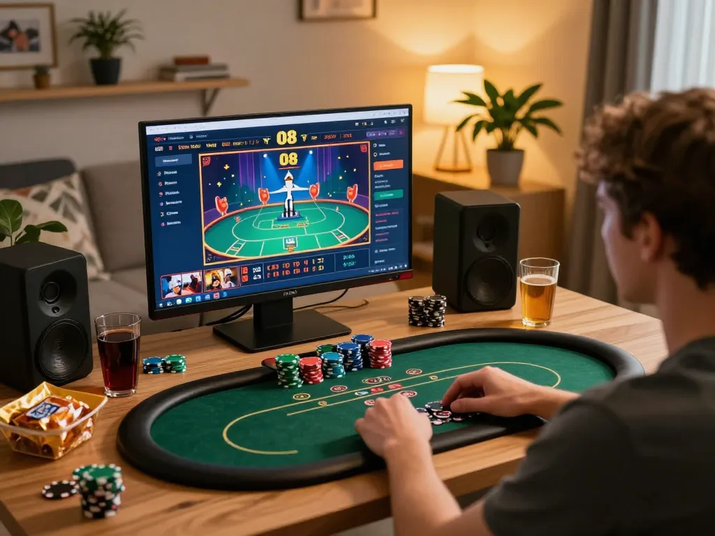 Player engaging with O8 casino app on tablet, showcasing a live poker game in a cozy home setting.
