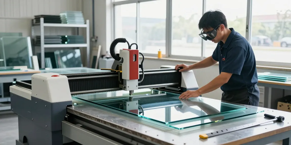 CNC glass cutting machine in action, technician operating with precision in a well-lit workshop environment.