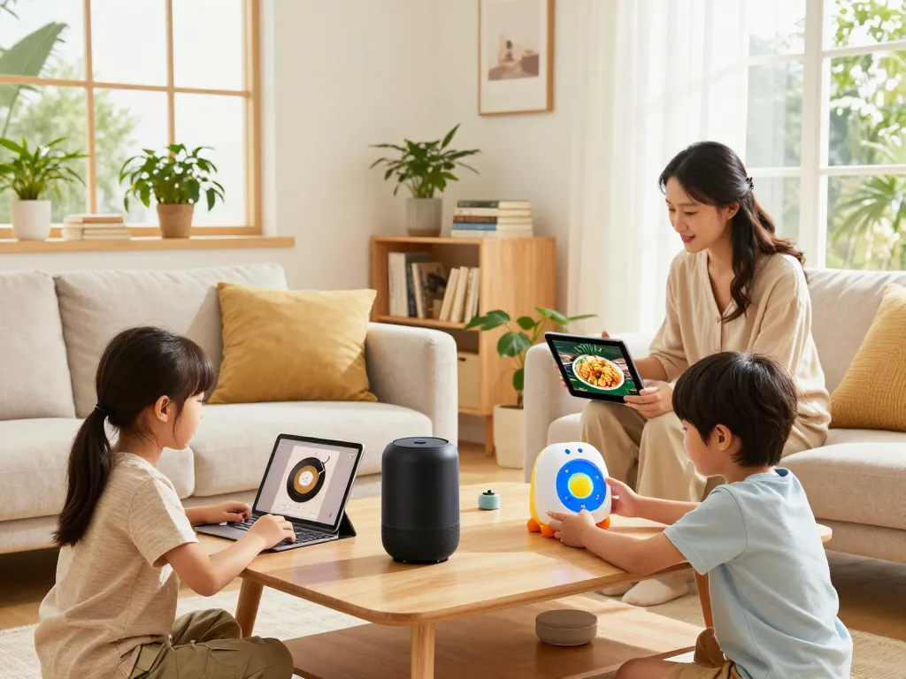 Engaging family scene using various tech gadgets for home, including a smart speaker and tablet, in a cozy living room.