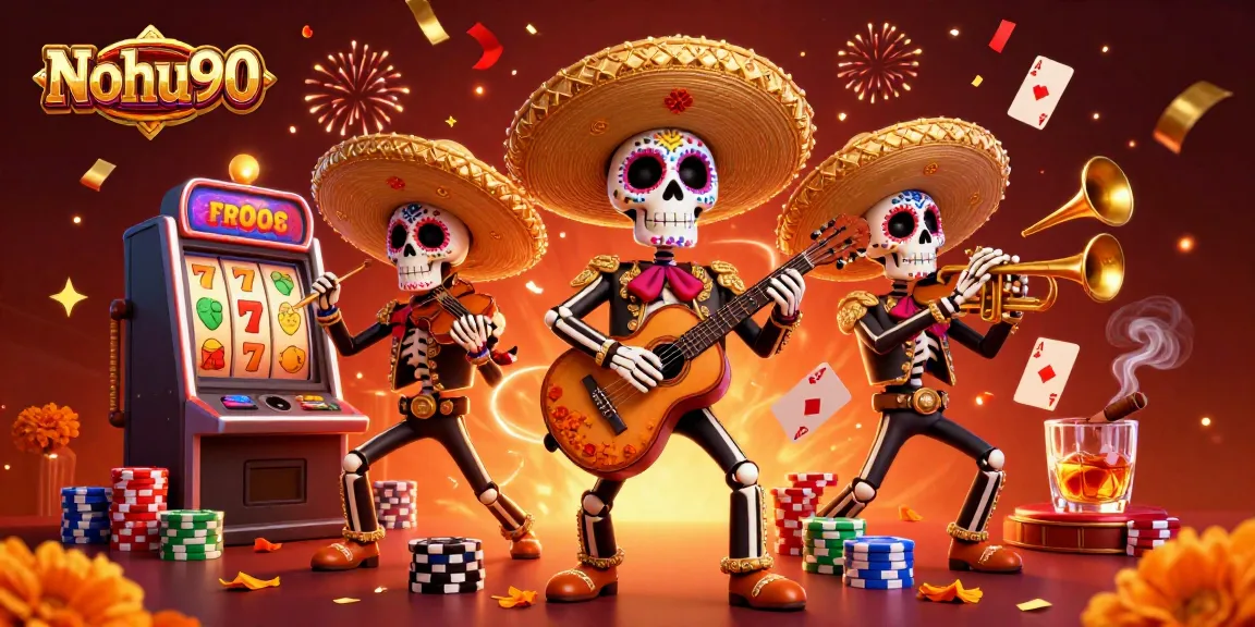 Nohu90 showcases a vibrant mariachi scene celebrating casino games with colorful skeletons and dynamic gambling elements.