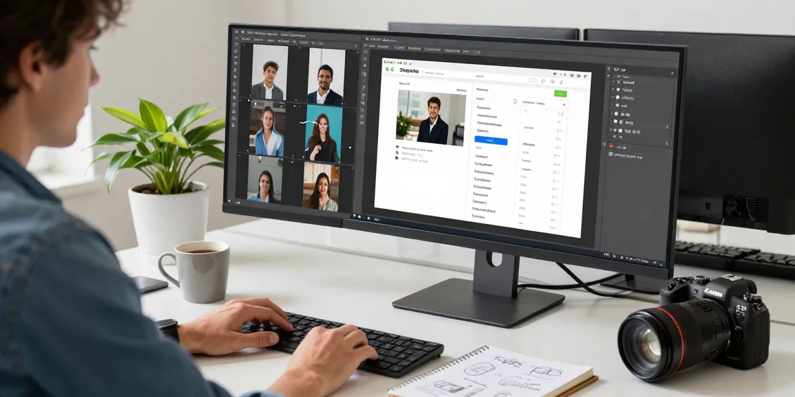 Person using 截图软件 on dual monitors in a modern workspace, showcasing screenshot annotations and design elements.