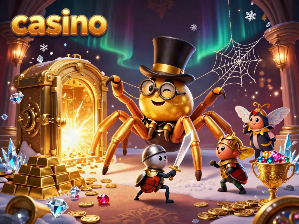 Engaging casino scene with a giant golden tarantula and beetle knight in a treasure vault