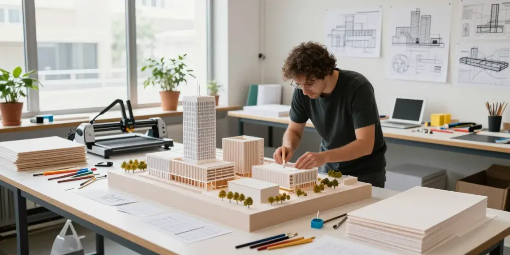 Architectural model maker Luxembourg assembling a detailed urban model in a creative workspace.
