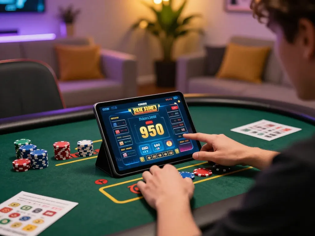 Paito macau gameplay scene, engaging in online gambling with a tablet showing betting options and strategy notes