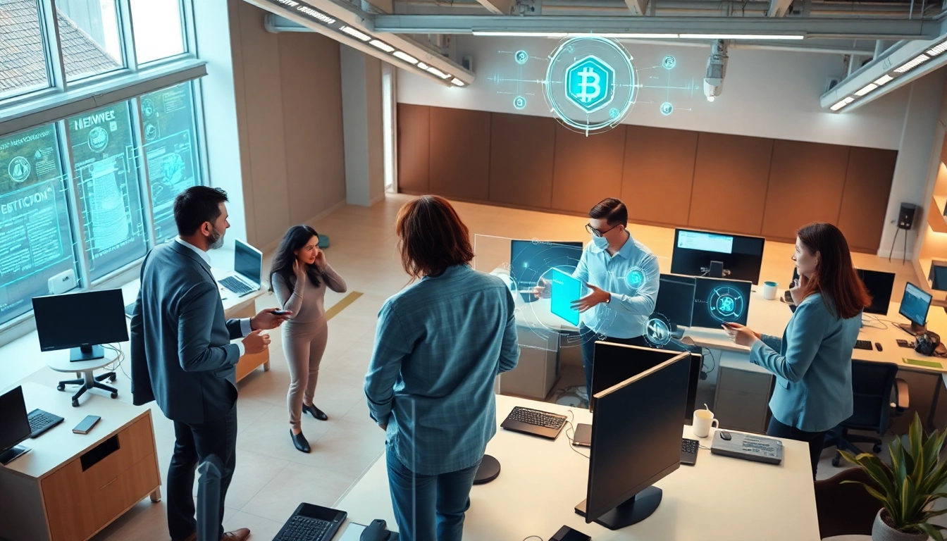 EORMC team collaborating on AI blockchain solutions in a futuristic workspace.