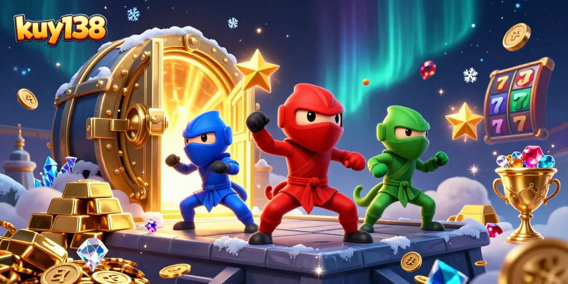 Tim ninja chameleon kuy138 melakukan aksi sambil dikelilingi simbol slot yang mengkilap.