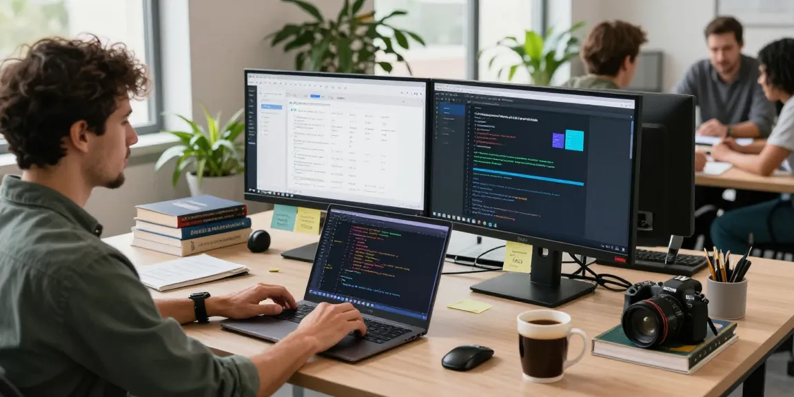 Developing software at telegraimin.com workspace, featuring coding screens, collaborative atmosphere, and a modern office environment.