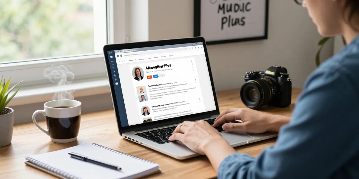 Self-employed contractor updating their companies profile on Alltogether Plus from a home office