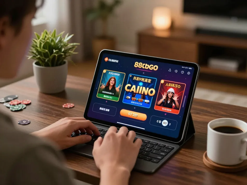 Player enjoying the 88clbgo app in a cozy home setting, focusing on online casino gameplay