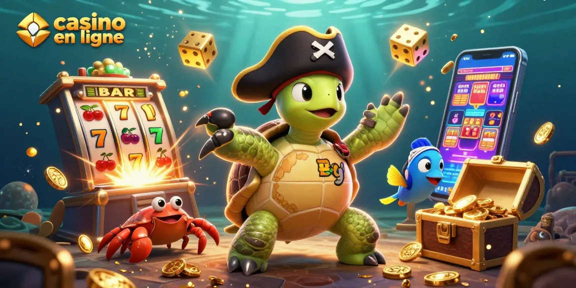 Gagnez au casino en ligne avec cette illustration dynamique de personnages marins entourés de jeux et trésors.