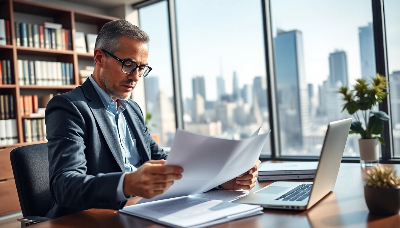 Consultant analyzing contracts and grants in a modern office setting, showcasing professionalism.