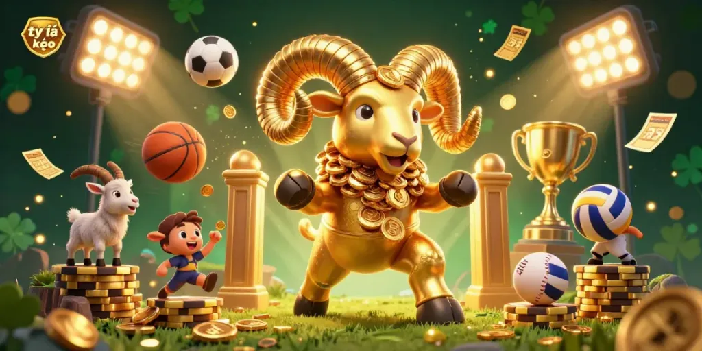 Experience thrilling tỷ lệ kèo action in a dynamic casino scene with vibrant sports elements and golden accents.