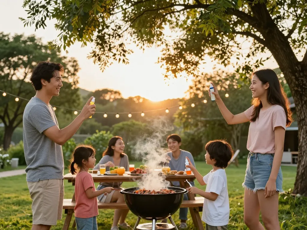 Best Mosquito Repellent application during a family barbecue in backyard.