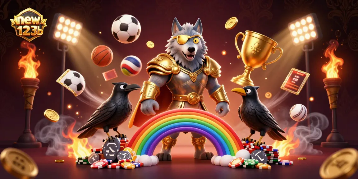 Experience the dynamic thrill of sports betting with new123b's Odin wolf and ravens in an exciting casino scene.