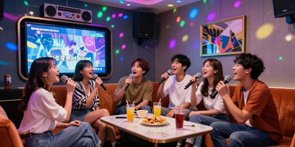 강남 달토에서 친구들과 노래 부르며 즐거운 시간을 보내는 모습.