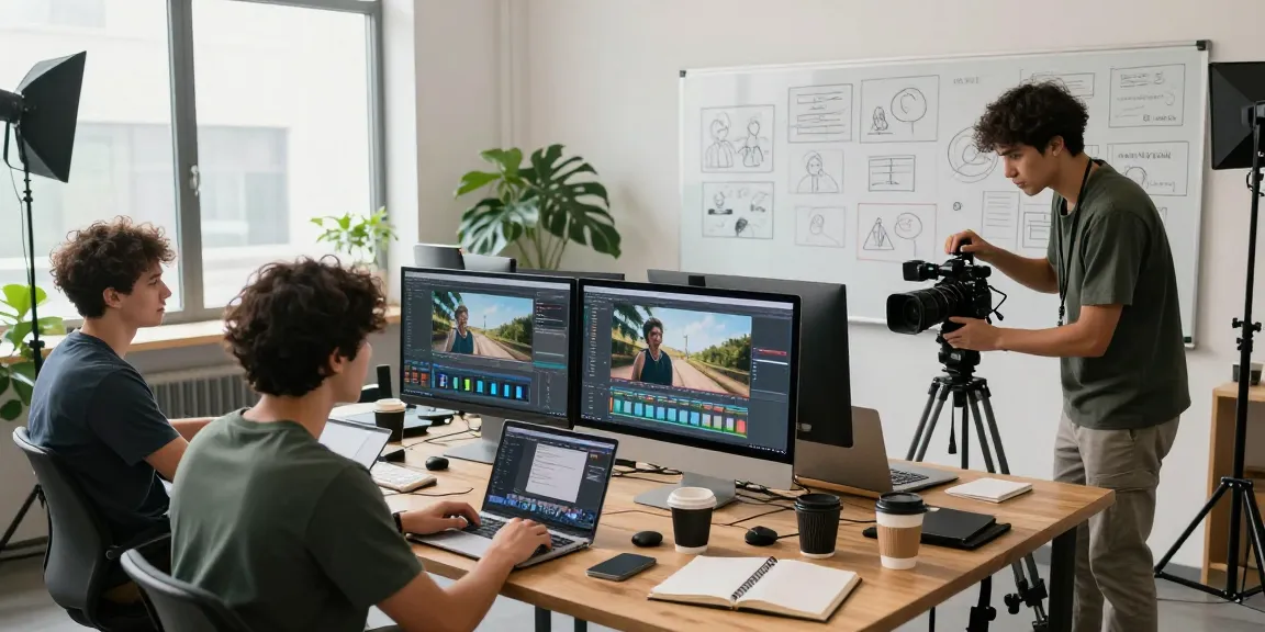 Team of creators using ai seedance 2.0 in a modern video production studio, showcasing collaboration and technology.