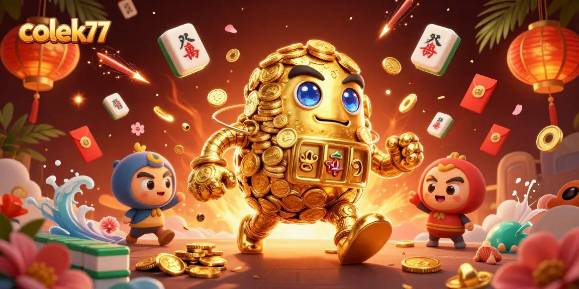 Experience excitement with colek 77 in a vibrant casino illustration featuring a golden golem and festive game elements.