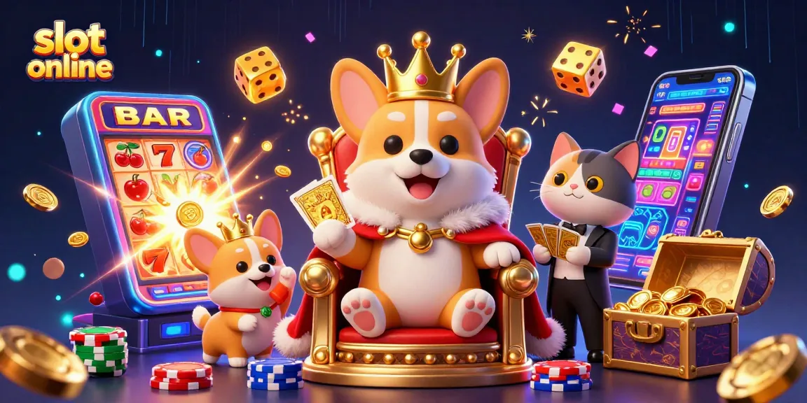 Jelajahi slot online dengan raja corgi yang bertahta di atas tumpukan chip poker.