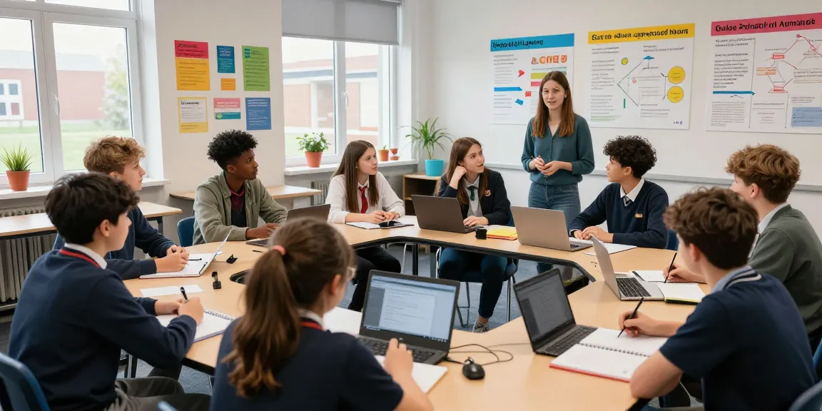 Students discussing post-16 options UK in an engaging classroom setting, showcasing diverse educational paths.