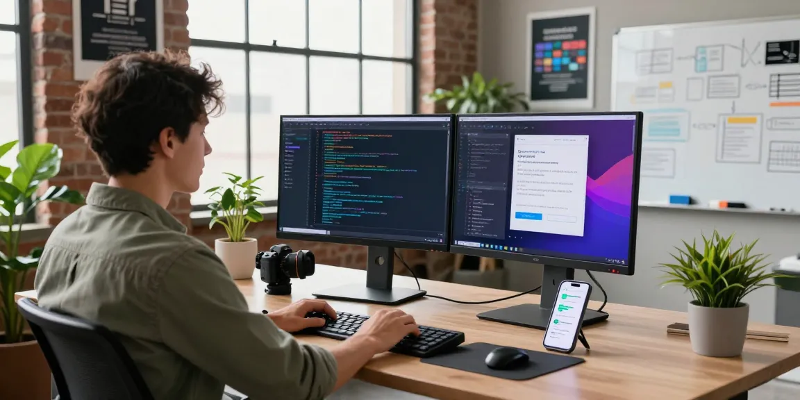 Professional workspace of a developer showcasing vibrant code, aligned with teiegramin.com highlights.