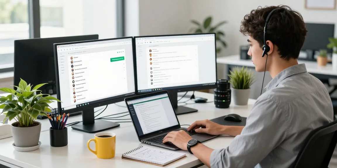 Young professional using WhatsApp網頁版 in a modern tech workspace.