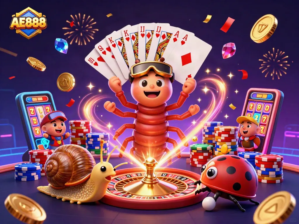 Engage with AE888's exciting gaming atmosphere featuring a millipede dealer and high-stakes play.