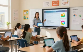 Teacher using an online teacher planner on a laptop in a bright classroom, engaging students with educational technology.