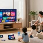 Profitez de l'abonnement iptv dans un salon moderne avec des familles regardant la télévision en direct.