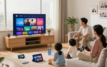 Profitez de l'abonnement iptv dans un salon moderne avec des familles regardant la télévision en direct.