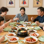 Guests enjoying traditional dishes at 상봉동 한국관, showcasing vibrant Korean family dining experience.