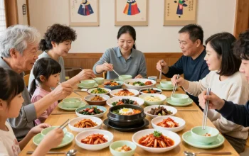 Guests enjoying traditional dishes at 상봉동 한국관, showcasing vibrant Korean family dining experience.