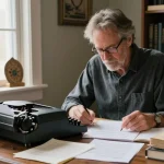 T. Allen Greenfield writing in his study surrounded by books and notes on spirituality and UFOs, found at https://tallengreenfield.com.
