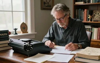 T. Allen Greenfield writing in his study surrounded by books and notes on spirituality and UFOs, found at https://tallengreenfield.com.