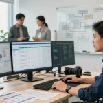 LKW Spedition Dortmund: Professioneller Logistikkoordinator bei der Arbeit mit modernen Technologien und Transportmanagementsystemen.
