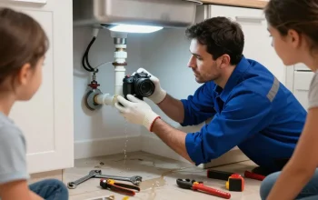 Emergency plumber in Sandy fixing a burst pipe under a kitchen sink, showcasing the urgency of plumbing repair.