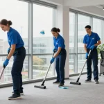Professionelle Gebäudereinigungsfirma in Dortmund, Reinigungsteam im Büro bei der Arbeit.