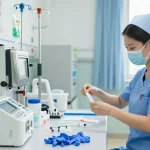 Preparation of disposable medical devices in a clean healthcare setting, showcasing essential tools and safety standards.