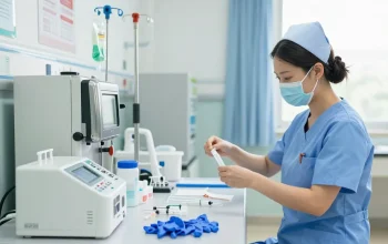 Preparation of disposable medical devices in a clean healthcare setting, showcasing essential tools and safety standards.