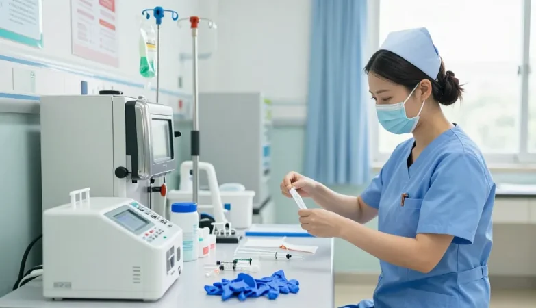 Preparation of disposable medical devices in a clean healthcare setting, showcasing essential tools and safety standards.